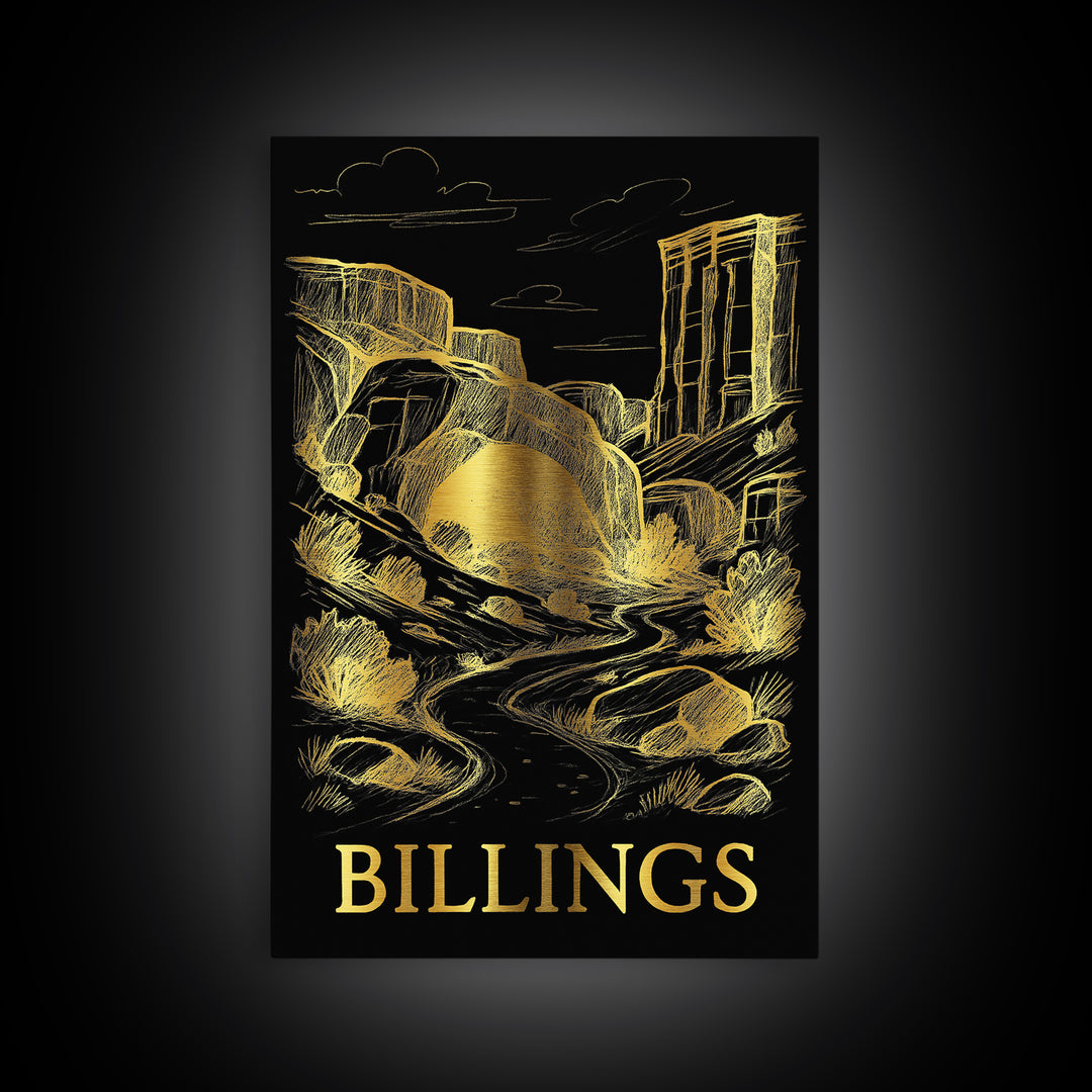 Billings Travel Poster, Framed Canvas Print, Black And Gold Line Art, Billings Travel Art, Retro Travel Print, Travel Poster Set