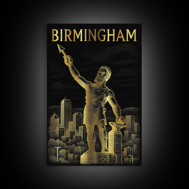 Birmingham Alabama Travel Poster, Framed Canvas Print, Elegant Gold City Art, Birmingham Art Print, Retro Travel Print, Travel Wall Decor