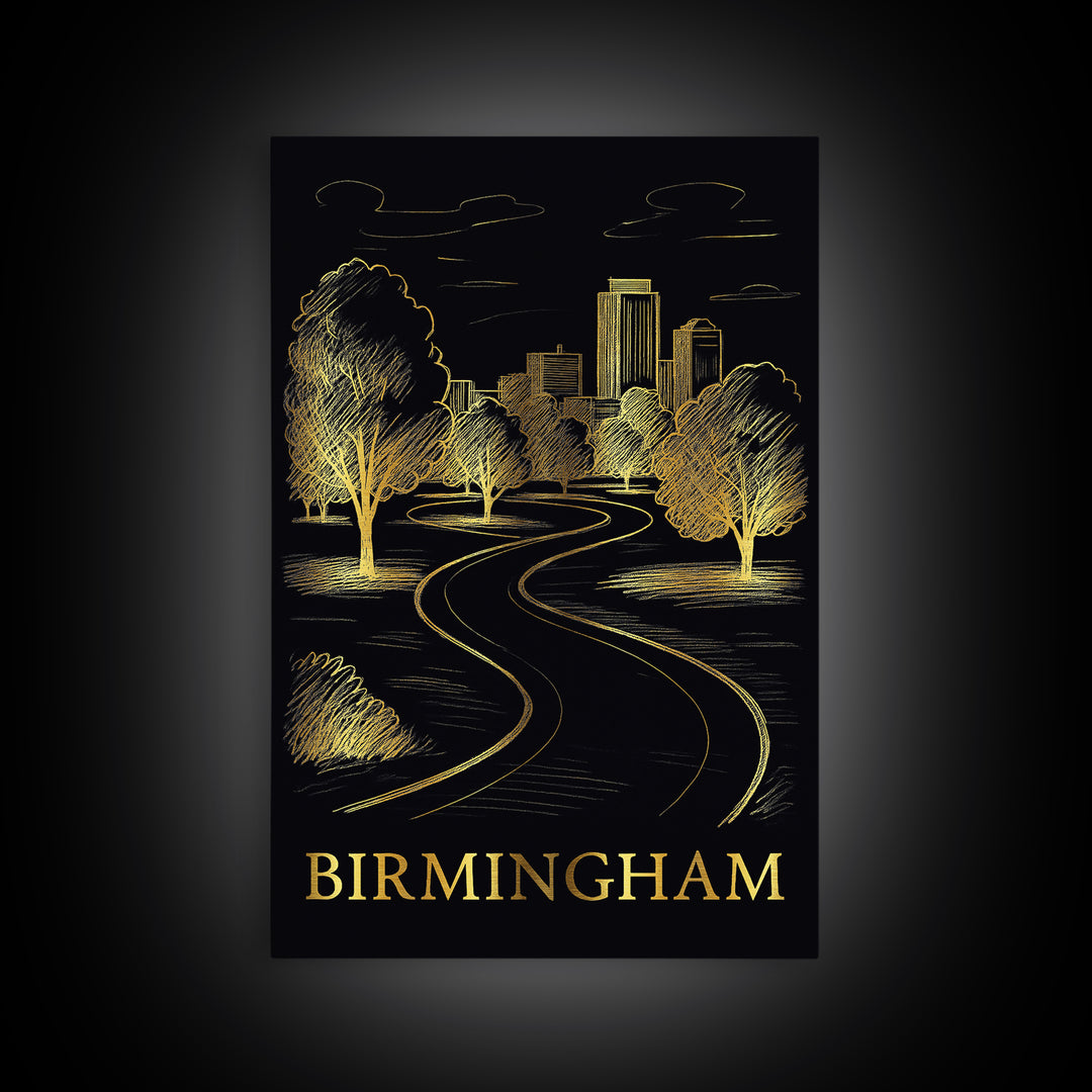 Birmingham Travel Poster, Framed Canvas Print, Elegant Gold City Art, Birmingham Travel Art, Modern Wall Decor, Living Room Wall Art