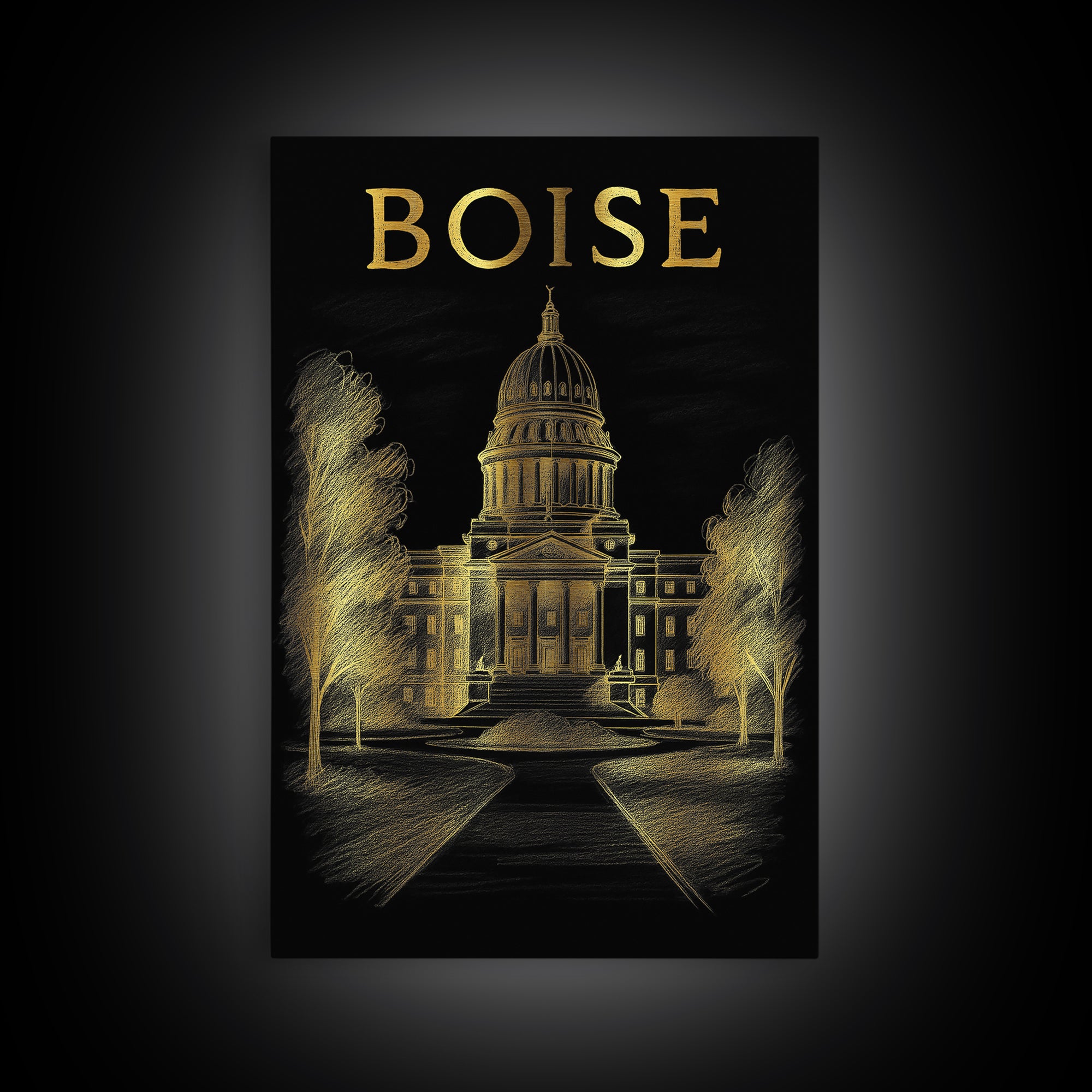 Boise Idaho Travel Poster, Canvas Print, Gold Sketch Wall Art, Boise Wall Art, Travel Poster Set, Vintage Travel Print, City Art Print