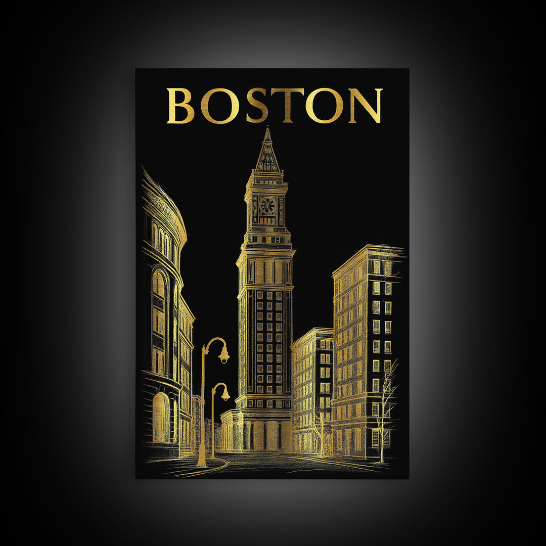 Boston Massachusetts Travel Poster, Canvas Print, Black And Gold Line Art, Boston Art Print, Wall Art, Fine Art Print, Wall Decor