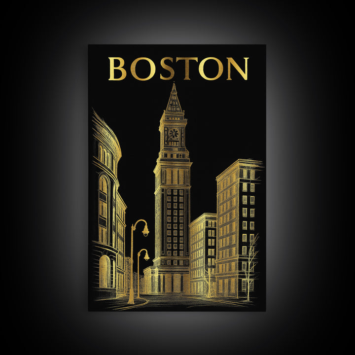 Boston Massachusetts Travel Poster, Canvas Print, Black And Gold Line Art, Boston Art Print, Wall Art, Fine Art Print, Wall Decor