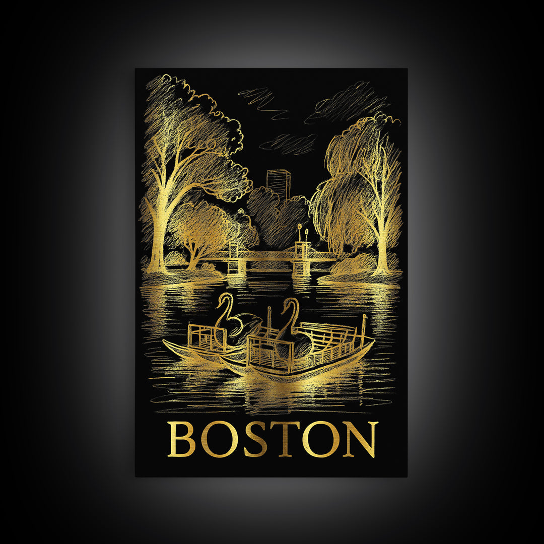 Boston Travel Poster, Canvas Print, Elegant Gold City Art, Boston Wall Art, Travel Poster Art, City Illustration, Travel Wall Decor