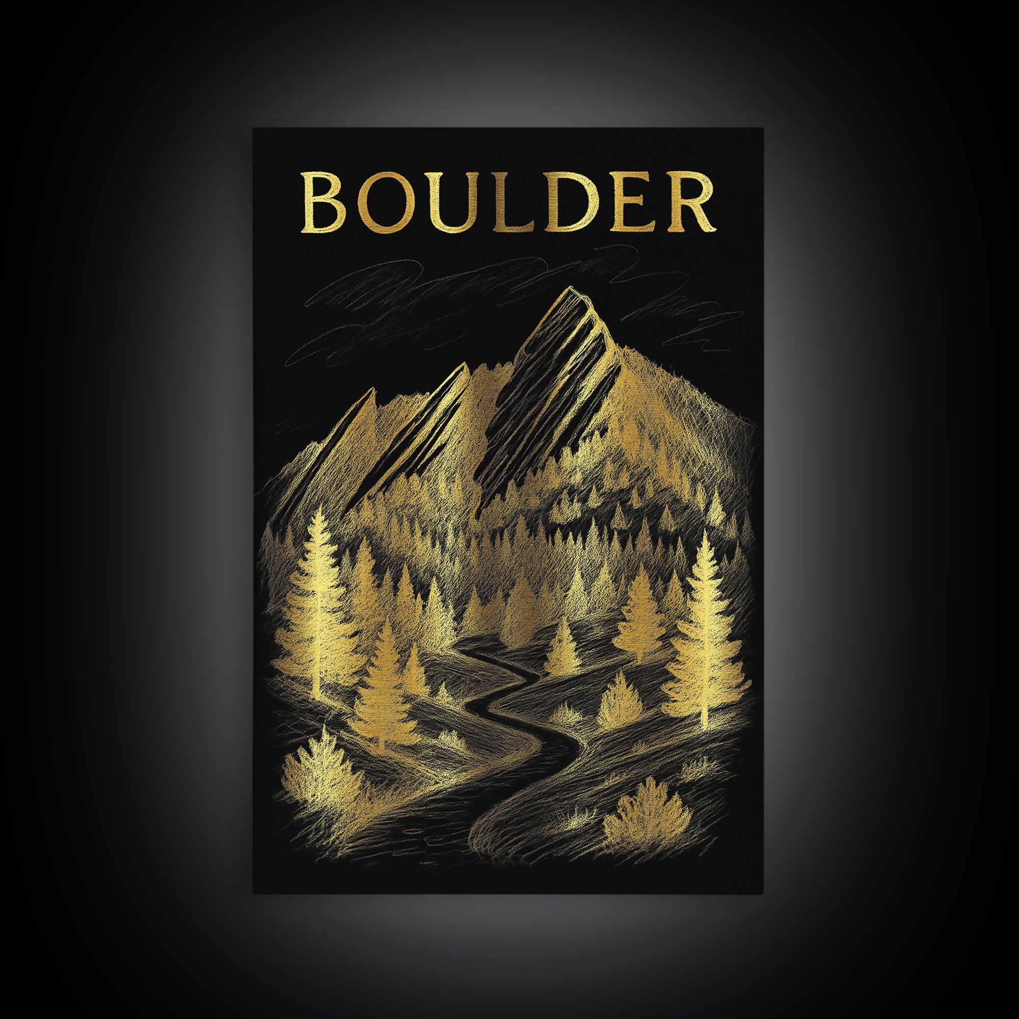 Boulder Colorado Travel Poster, Framed Canvas Print, Black And Gold Line Art, Boulder Travel Art, City Illustration, Mid Century Wall Art