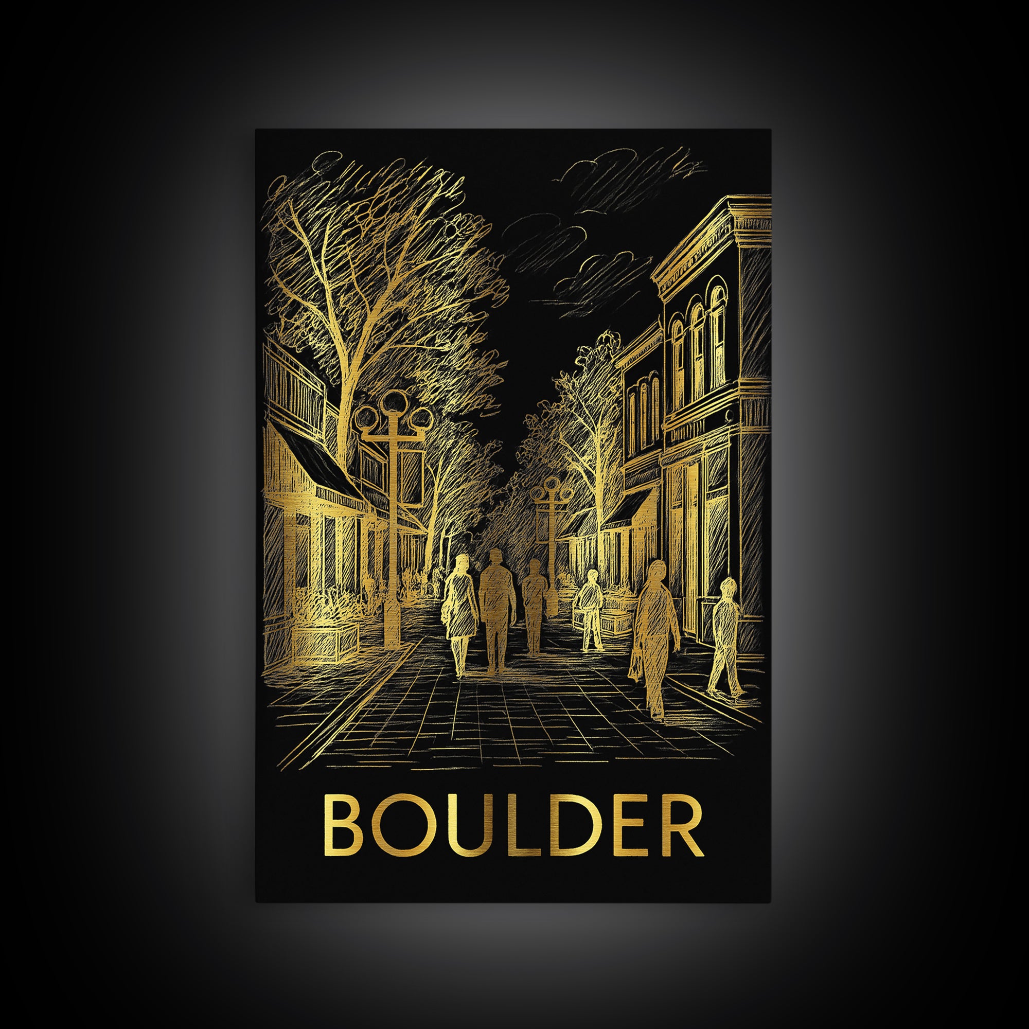 Boulder Travel Poster, Canvas Print, Elegant Gold City Art, Boulder Poster Print, Watercolor Urban Skyline, Travel Wall Art, Poster Art