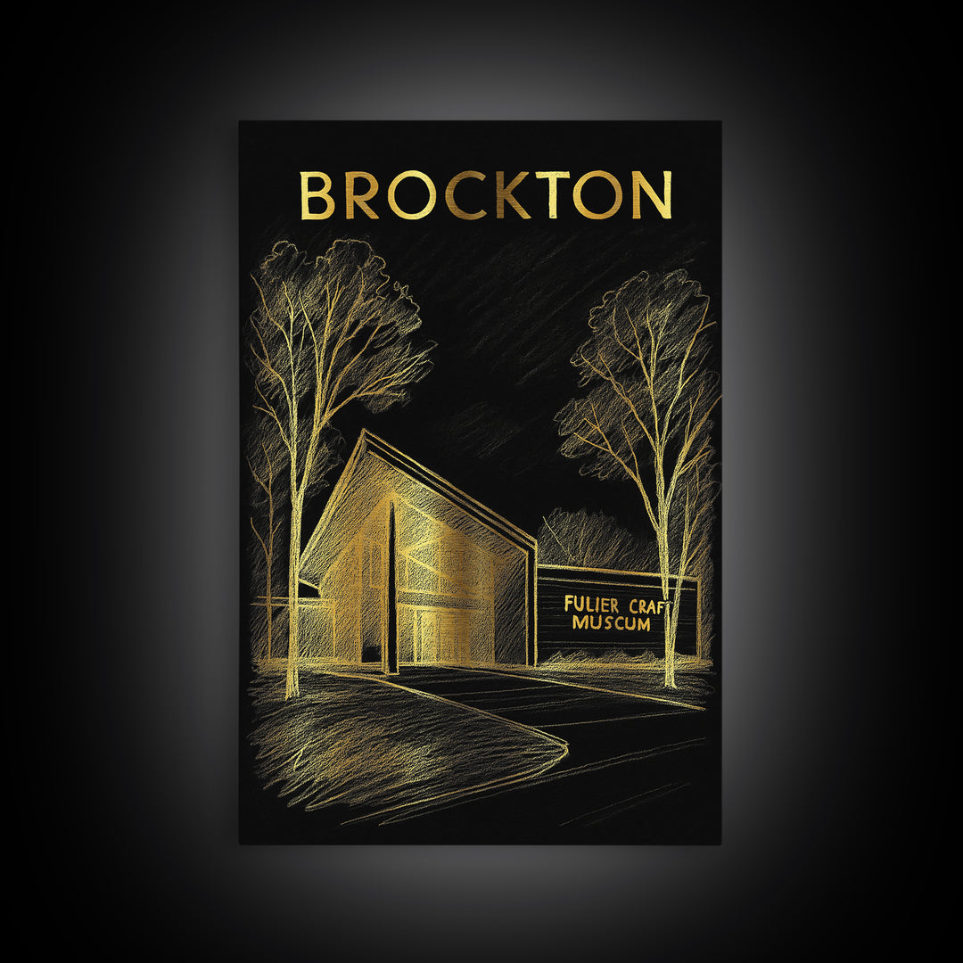 Brockton Massachusetts Travel Poster, Canvas Print, Elegant Gold City Art, Brockton City Art, Mid Century Wall Art, Vintage Travel Print