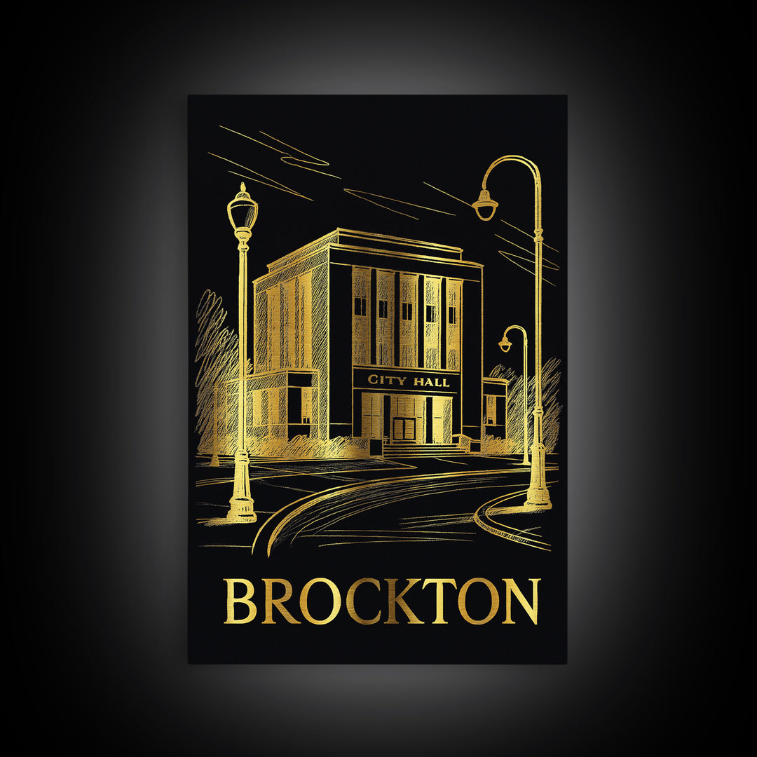 Brockton Travel Poster, Framed Canvas Print, Dark Background Poster Art, Brockton Travel Art, Mid Century Wall Art, Home Office Decor
