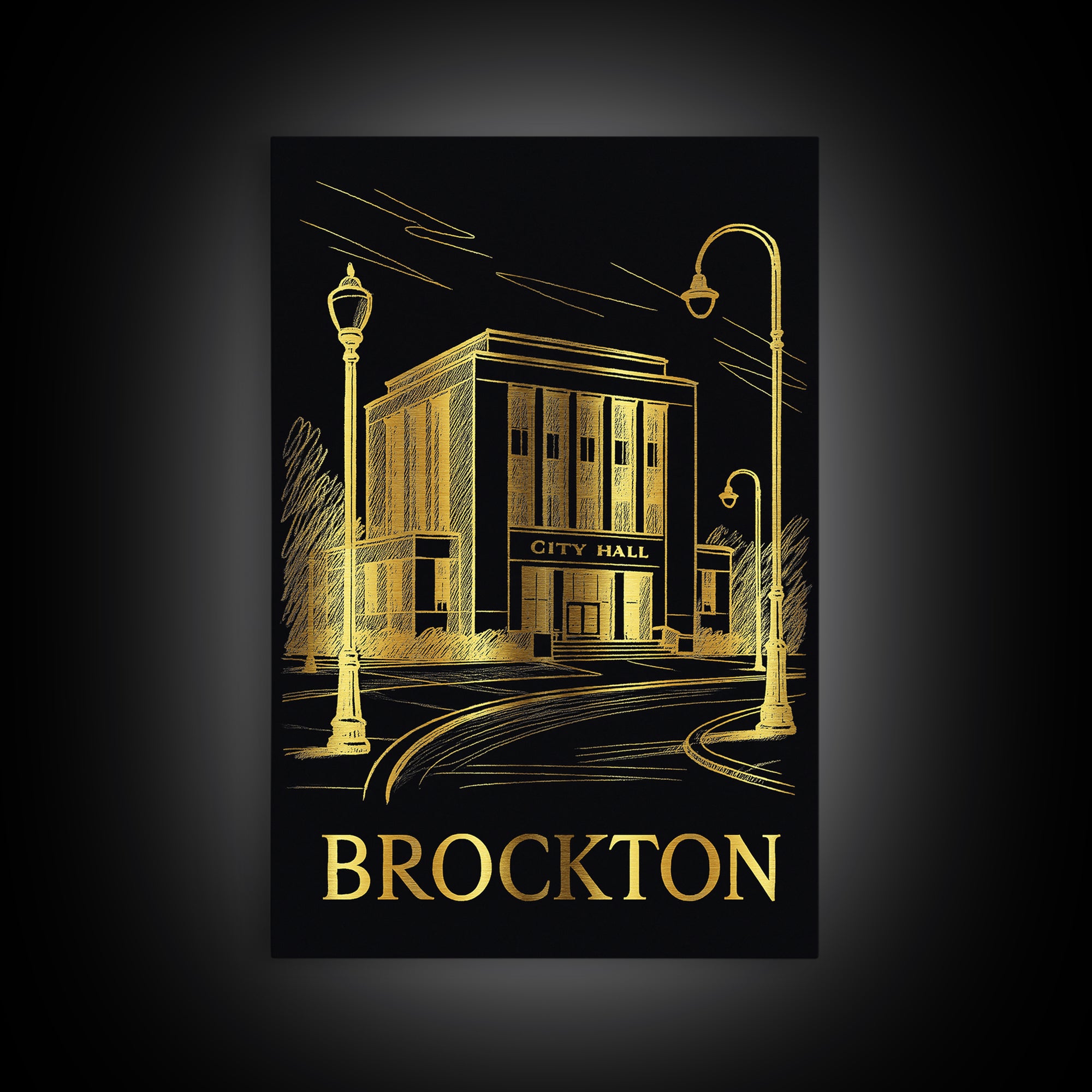 Brockton Travel Poster, Framed Canvas Print, Dark Background Poster Art, Brockton Travel Art, Mid Century Wall Art, Home Office Decor