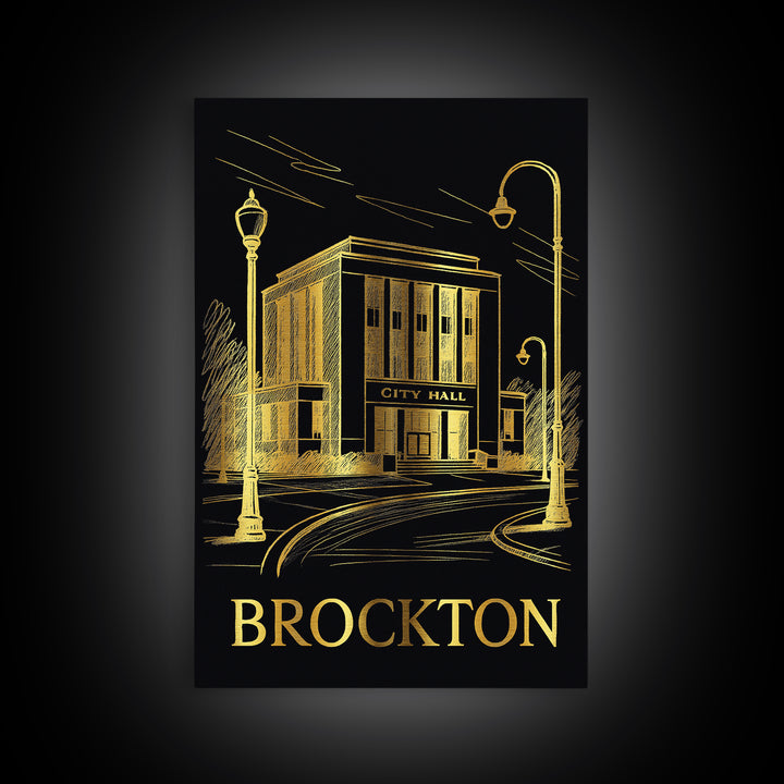 Brockton Travel Poster, Framed Canvas Print, Dark Background Poster Art, Brockton Travel Art, Mid Century Wall Art, Home Office Decor