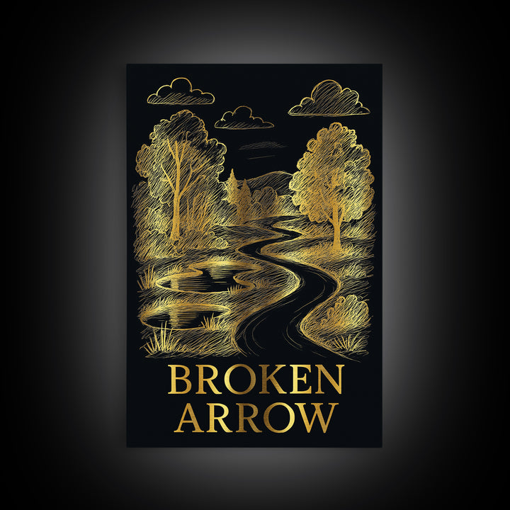 Broken Arrow Oklahoma Travel Poster, Canvas Print, Black And Gold Line Art, Broken Arrow Poster Print, City Travel Prints, Fine Art Print