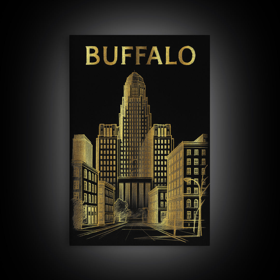 Buffalo New York Travel Poster, Canvas Print, Dark Background Poster Art, Buffalo Travel Art, Travel Poster Art, Wall Decor, Fine Art Print
