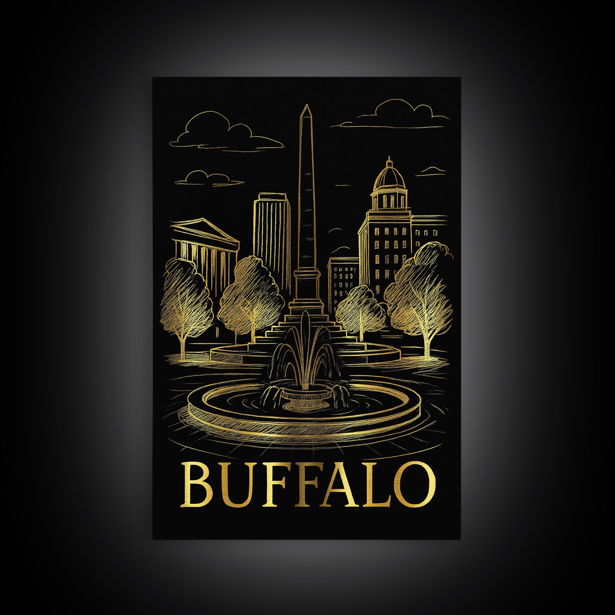 Buffalo Travel Poster, Framed Canvas Print, Dark Background Poster Art, Buffalo City Art, Home Office Decor, City Art Print, Travel Gift