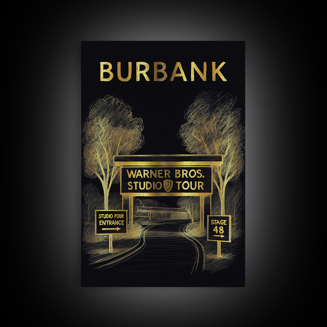 Burbank California Travel Poster, Canvas Print, Gold Sketch Wall Art, Burbank City Art, Retro Travel Print, City Illustration, Office Decor