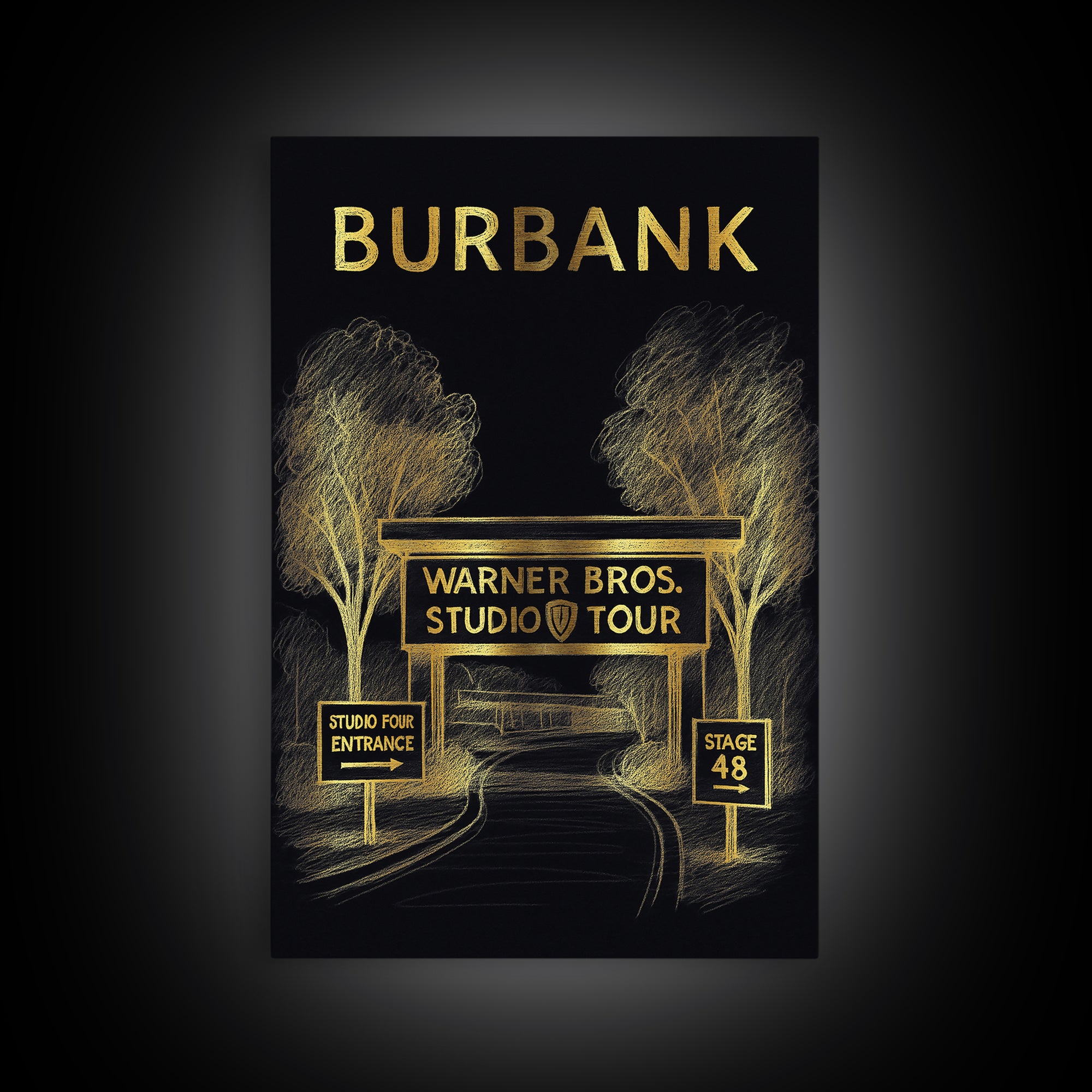 Burbank California Travel Poster, Canvas Print, Gold Sketch Wall Art, Burbank City Art, Retro Travel Print, City Illustration, Office Decor