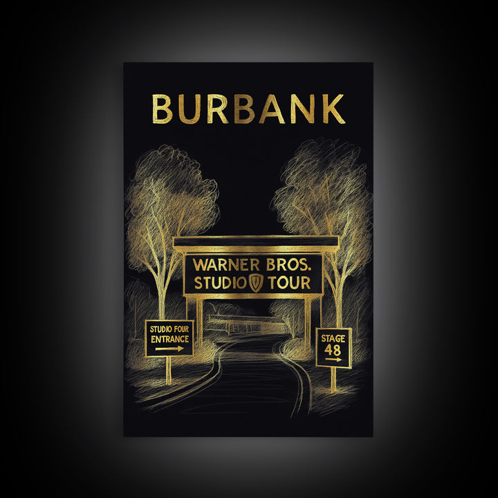 Burbank California Travel Poster, Canvas Print, Gold Sketch Wall Art, Burbank City Art, Retro Travel Print, City Illustration, Office Decor
