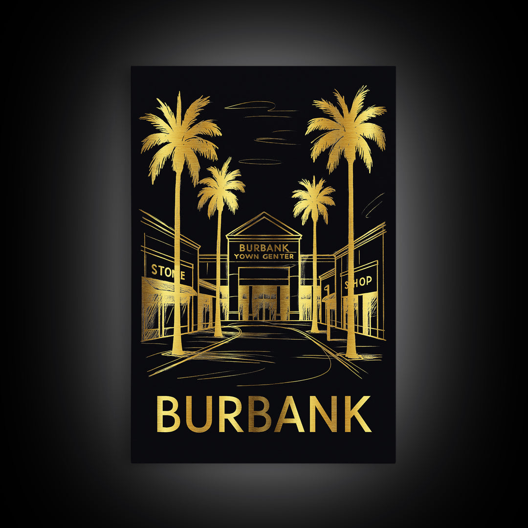 Burbank Travel Poster, Framed Canvas Print, Black And Gold Line Art, Burbank Wall Art, Vintage City Art, Retro Travel Print, Travel Gift