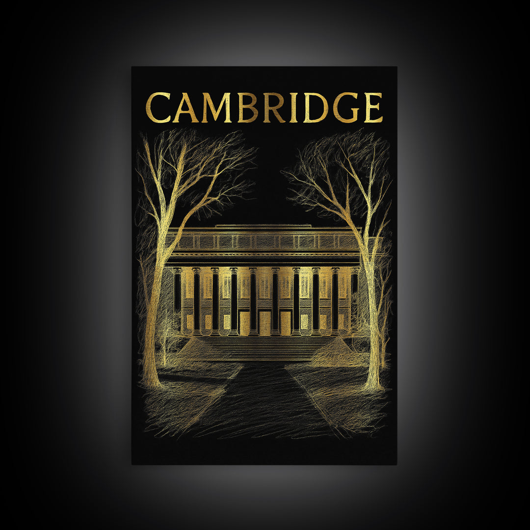 Cambridge Massachusetts Travel Poster, Canvas Print, Gold Sketch Wall Art, Cambridge Poster Print, Wall Decor, Travel Print, Poster Art