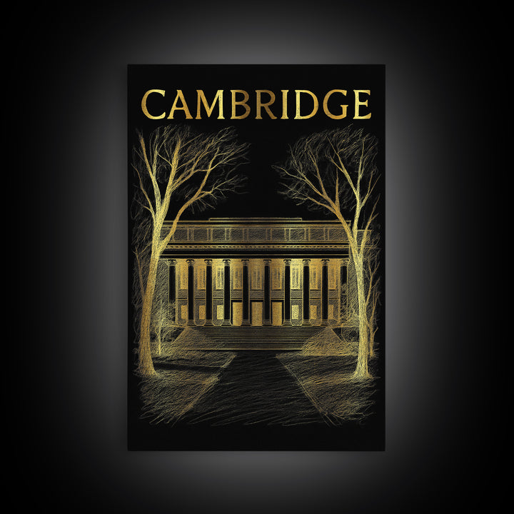 Cambridge Massachusetts Travel Poster, Canvas Print, Gold Sketch Wall Art, Cambridge Poster Print, Wall Decor, Travel Print, Poster Art