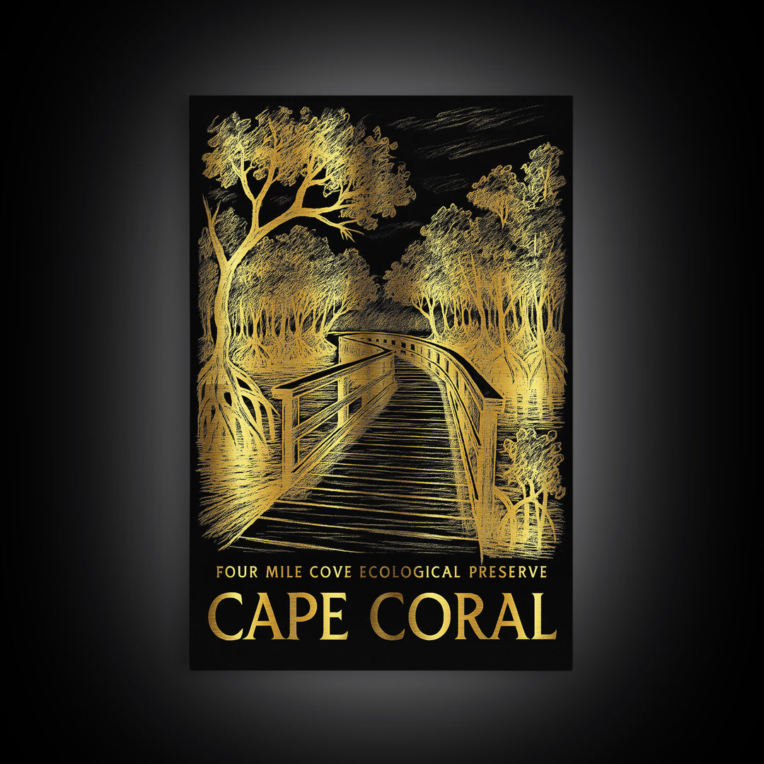 Cape Coral Travel Poster, Framed Canvas Print, Elegant Gold City Art, Cape Coral Poster Print, Travel Poster Art, Living Room Wall Art