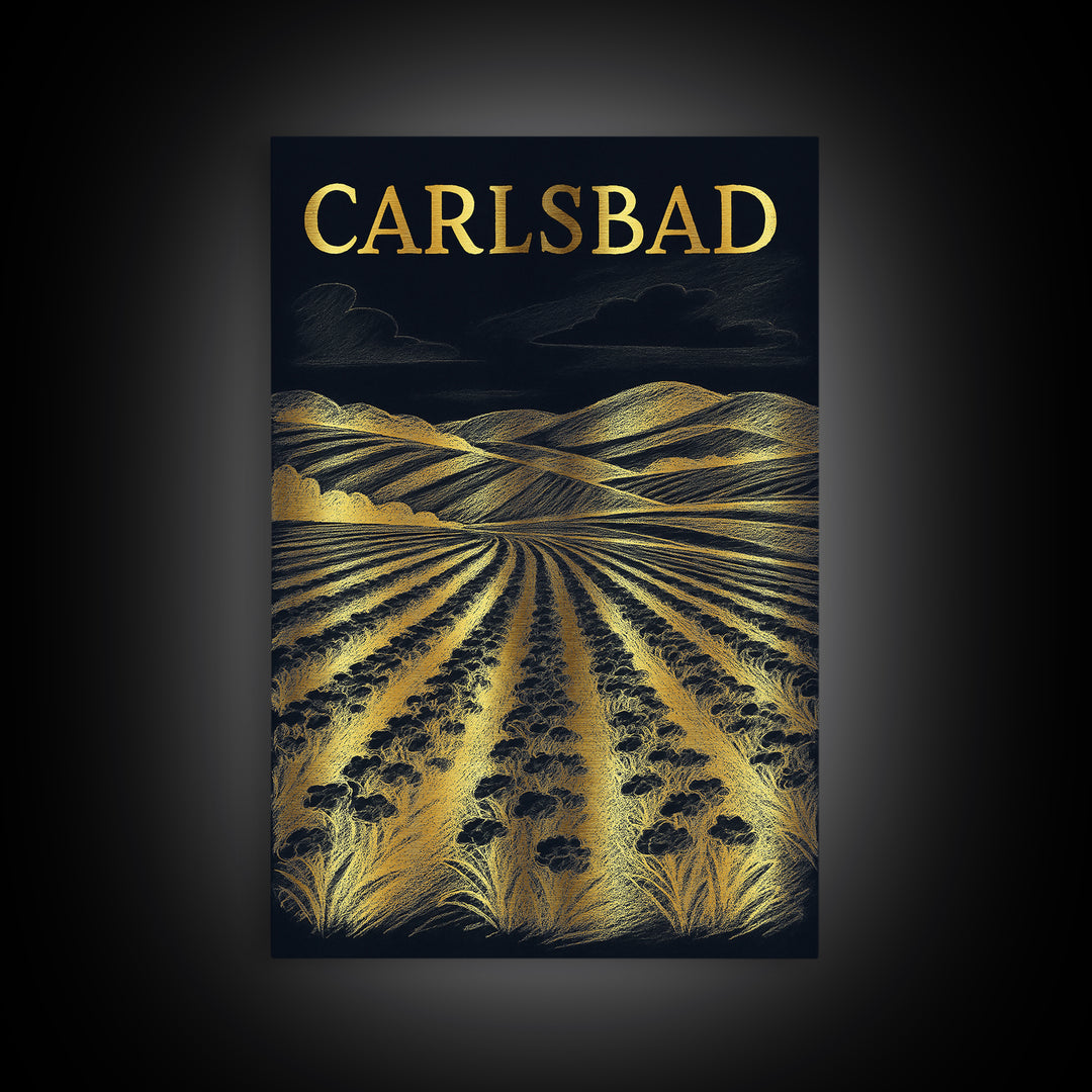 Carlsbad California Travel Poster, Canvas Print, Dark Background Poster Art, Carlsbad City Art, City Travel Prints, Eclectic Wall Decor