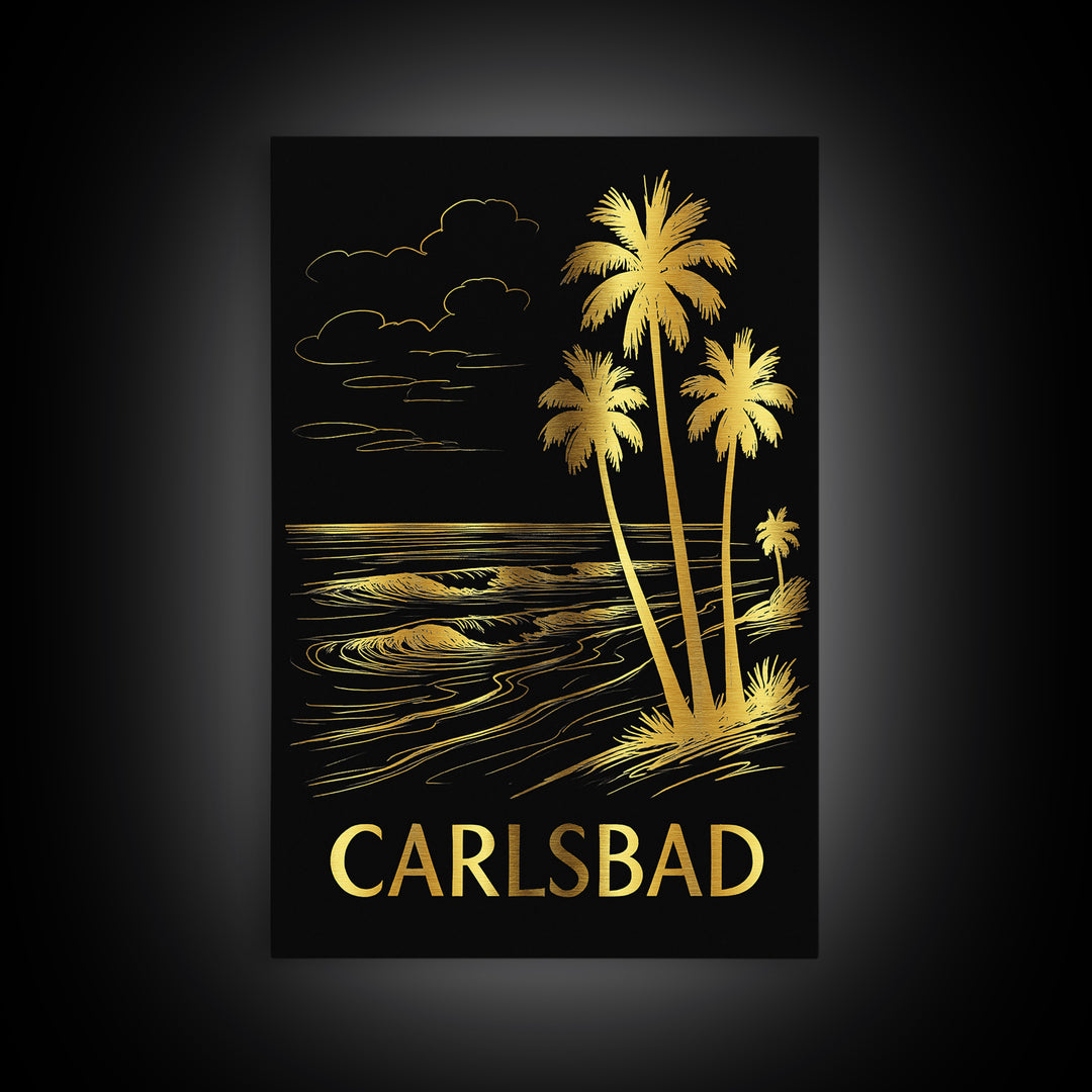 Carlsbad Travel Poster, Framed Canvas Print, Elegant Gold City Art, Carlsbad Art Print, Home Office Decor, City Travel Prints, Wall Art