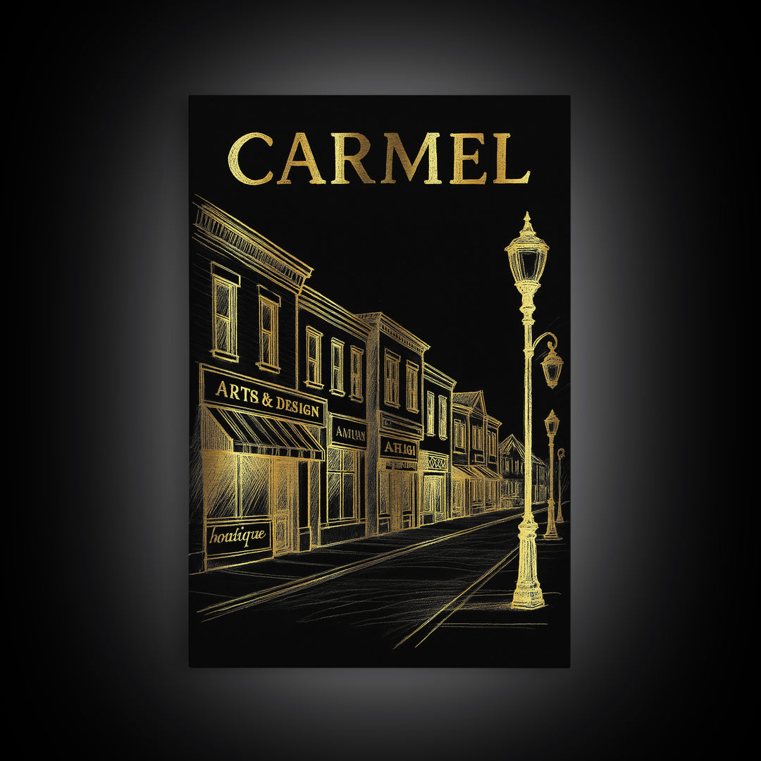 Carmel Indiana Travel Poster, Canvas Print, Elegant Gold City Art, Carmel Art Print, Retro Travel Print, Travel Wall Decor, City Art Print
