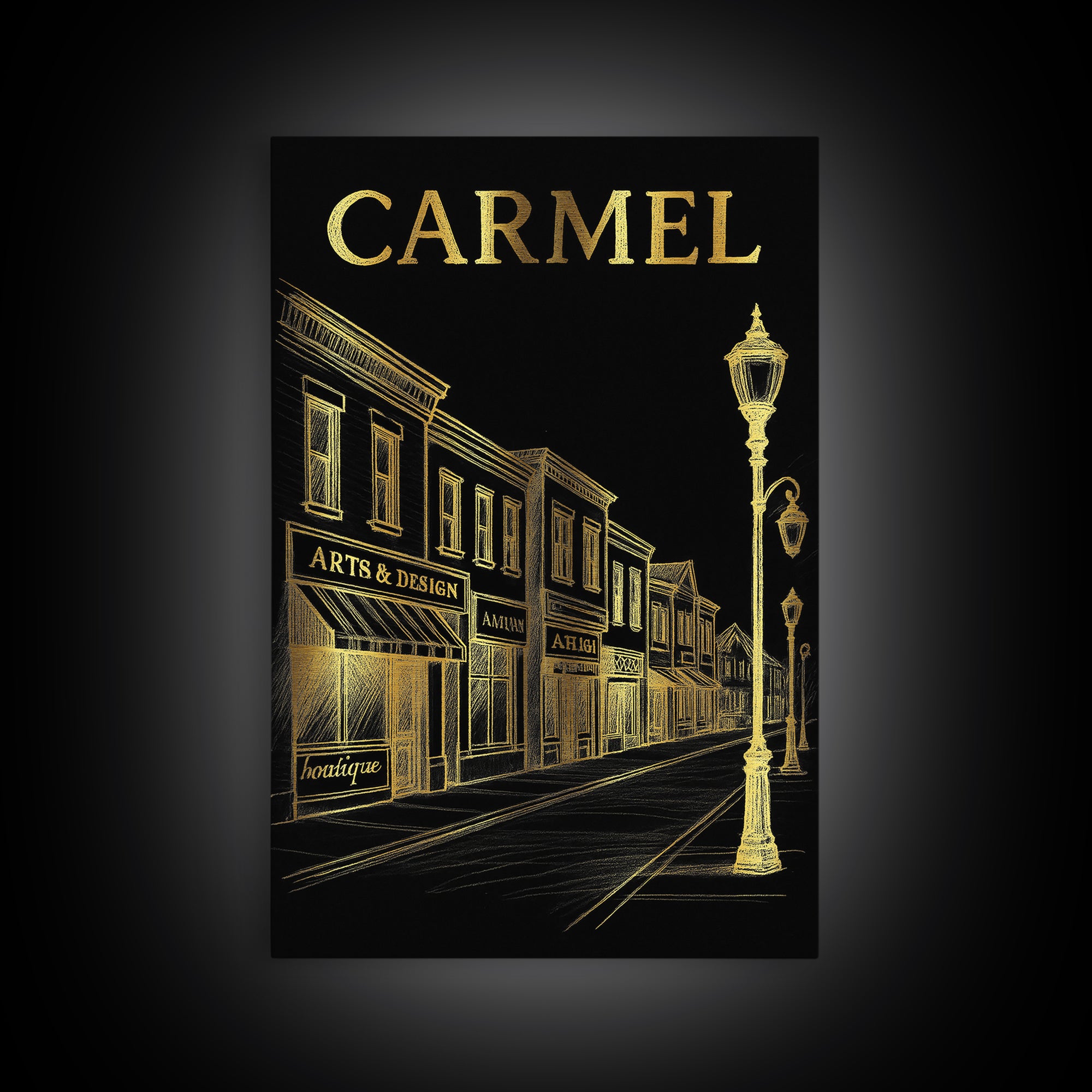Carmel Indiana Travel Poster, Canvas Print, Elegant Gold City Art, Carmel Art Print, Retro Travel Print, Travel Wall Decor, City Art Print