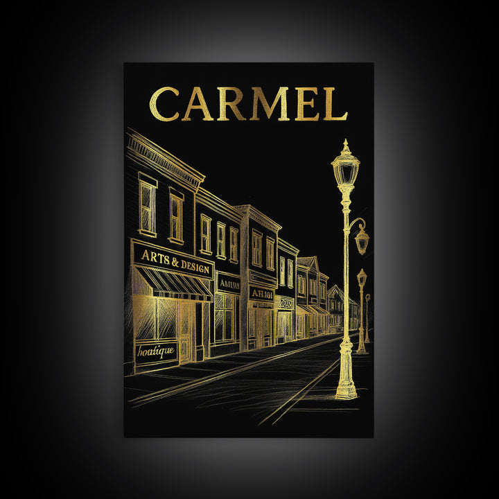 Carmel Indiana Travel Poster, Canvas Print, Elegant Gold City Art, Carmel Art Print, Retro Travel Print, Travel Wall Decor, City Art Print