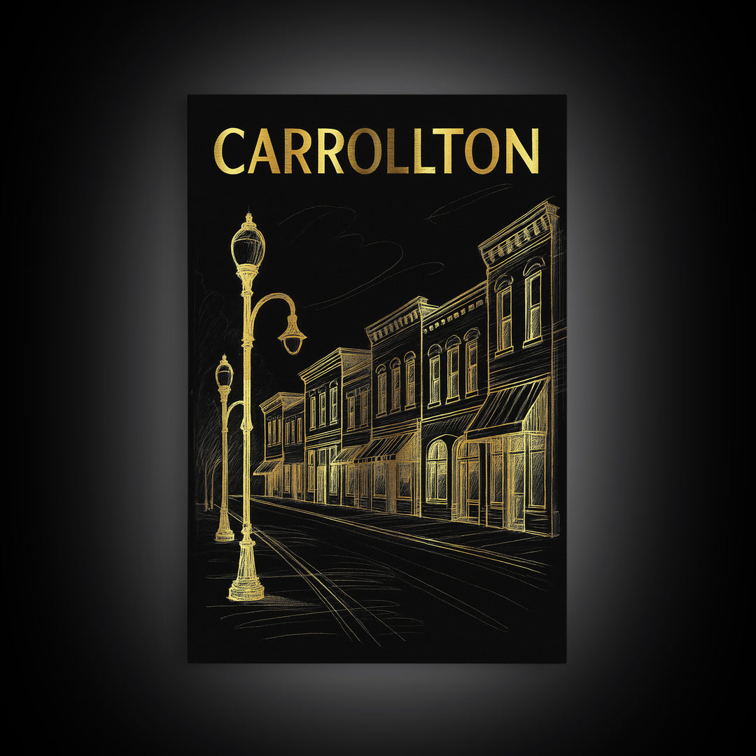 Carrollton Texas Travel Poster, Canvas Print, Gold Sketch Wall Art, Carrollton City Art, Travel Wall Art, Travel Poster Art, Office Decor