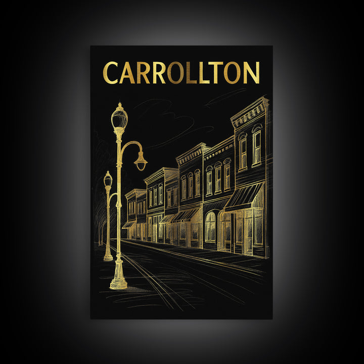 Carrollton Texas Travel Poster, Canvas Print, Gold Sketch Wall Art, Carrollton City Art, Travel Wall Art, Travel Poster Art, Office Decor