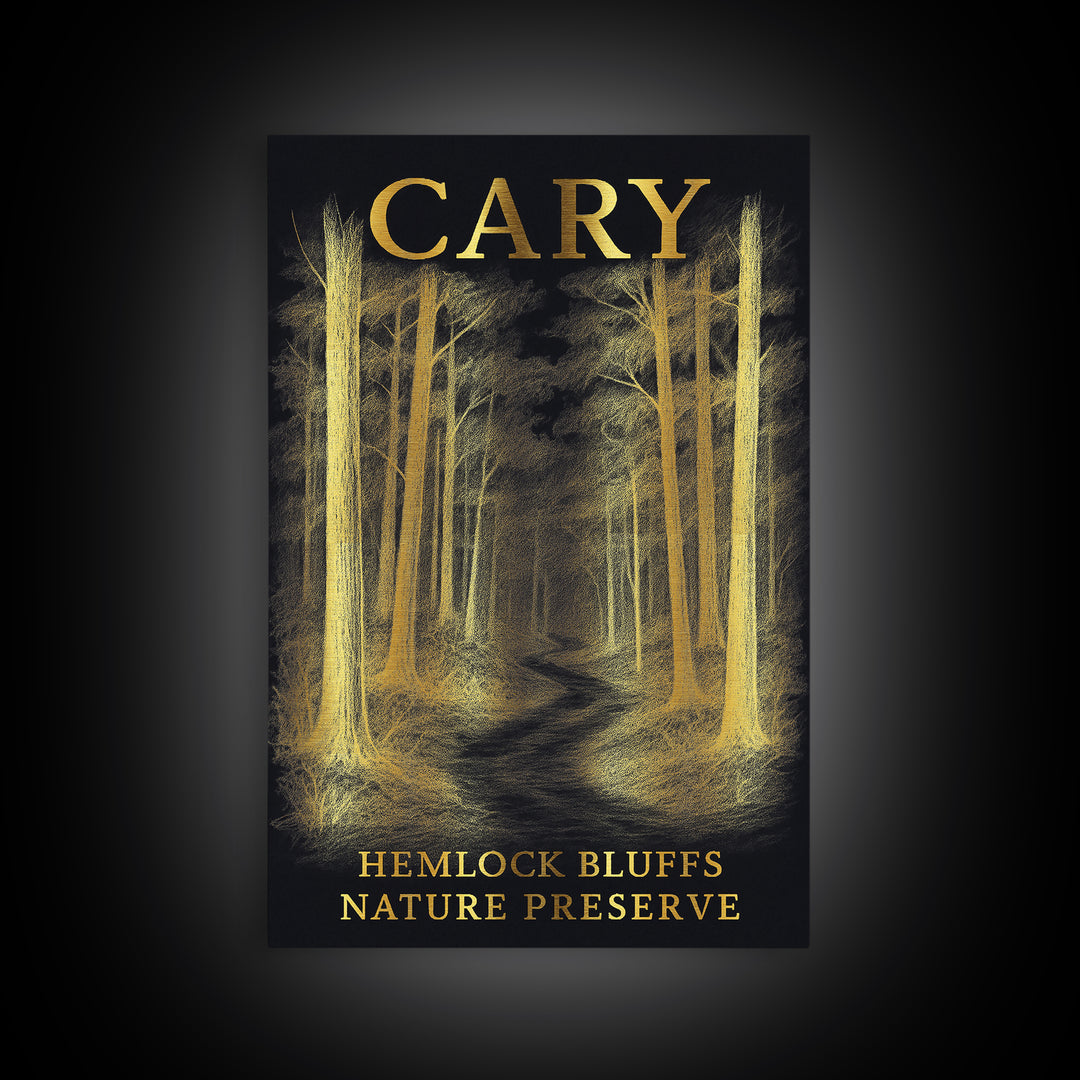 Cary North Carolina Travel Poster, Canvas Print, Black And Gold Line Art, Cary Travel Art, Vintage City Art, Travel Art Print, Wall Art