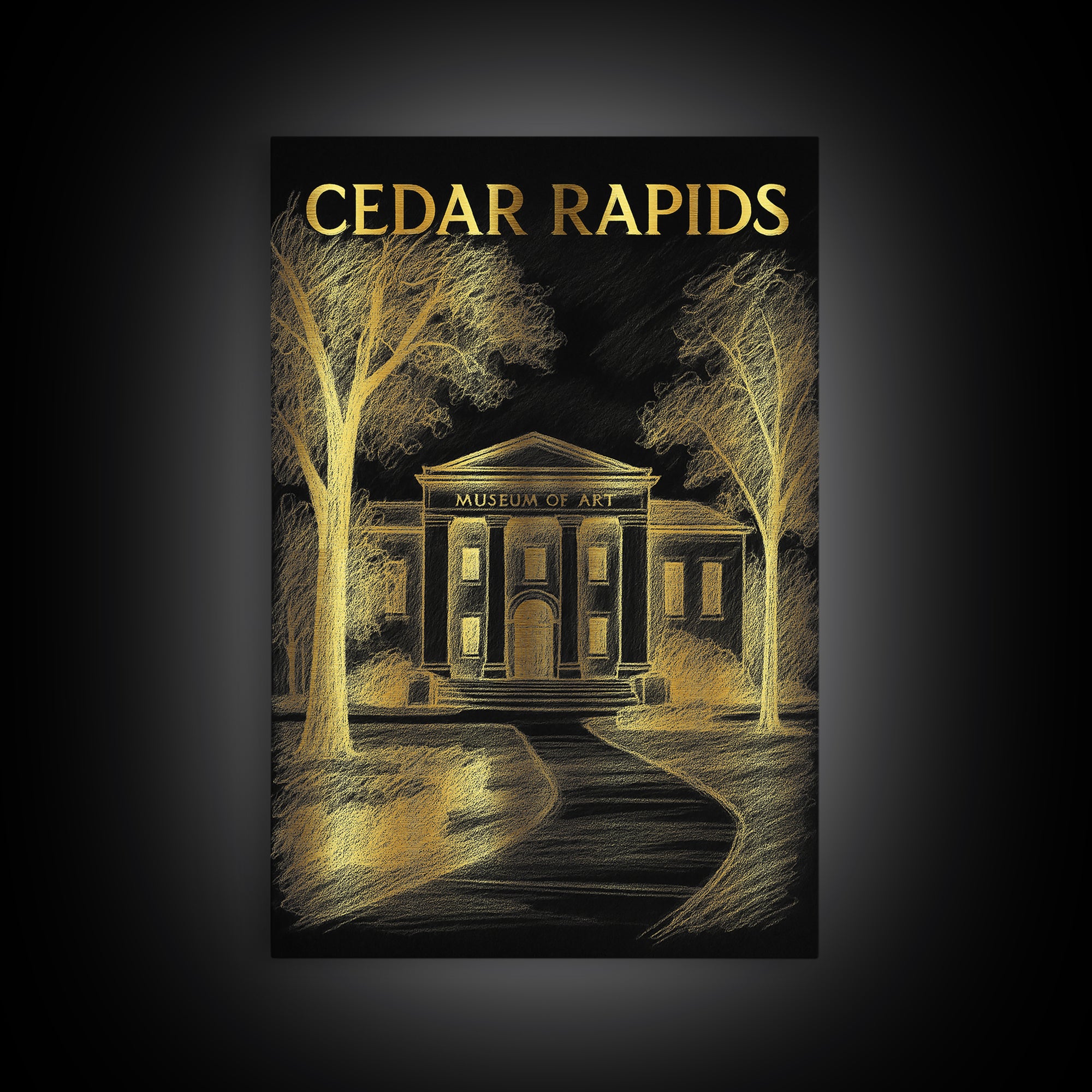 Cedar Rapids Iowa Travel Poster, Canvas Print, Elegant Gold City Art, Cedar Rapids City Art, City Travel Prints, Mid Century Wall Art