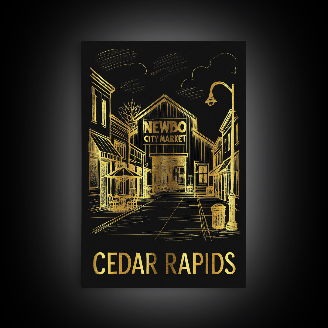 Cedar Rapids Travel Poster, Framed Canvas Print, Gold Sketch Wall Art, Cedar Rapids Art Print, Home Office Decor, Mid Century Wall Art