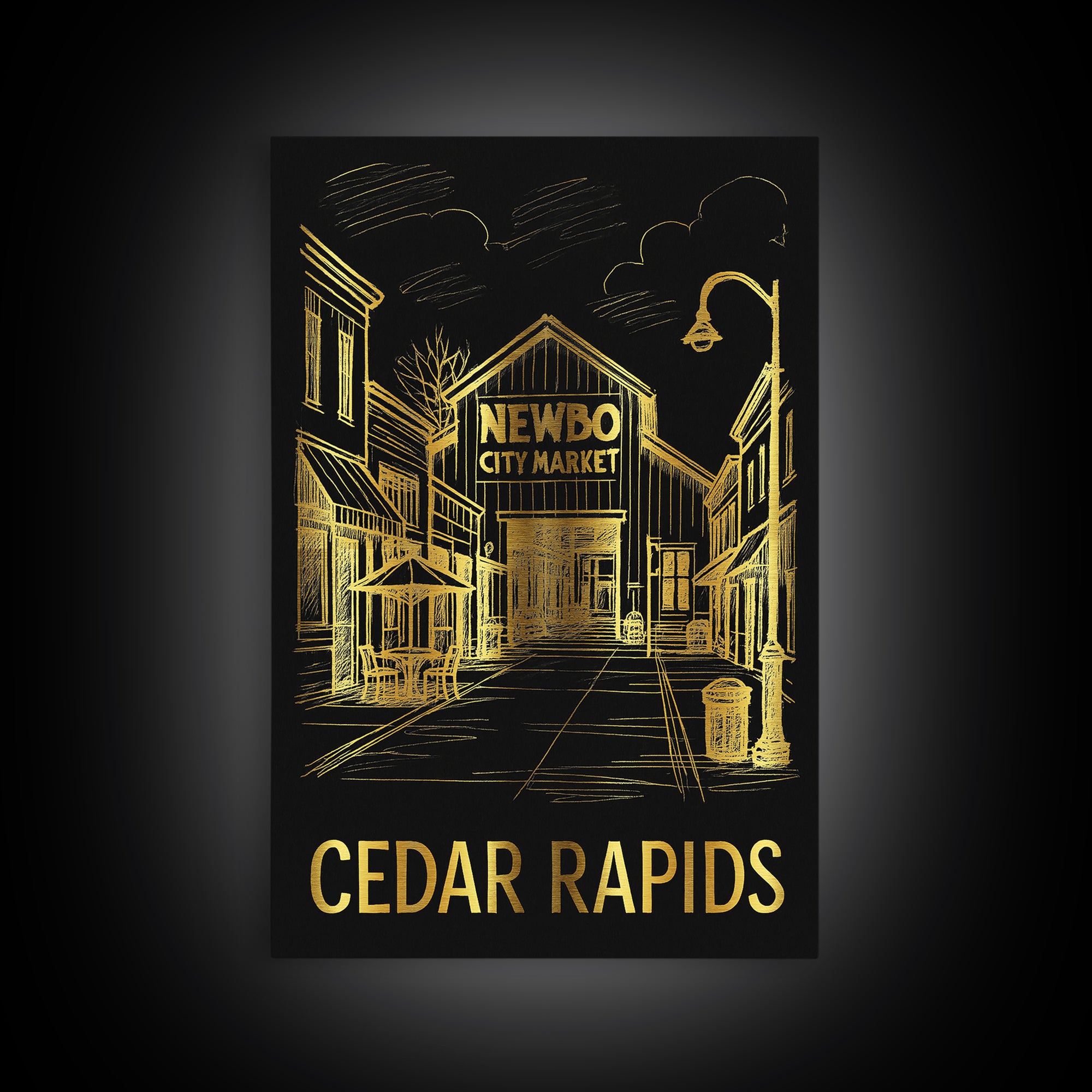 Cedar Rapids Travel Poster, Framed Canvas Print, Gold Sketch Wall Art, Cedar Rapids Art Print, Home Office Decor, Mid Century Wall Art