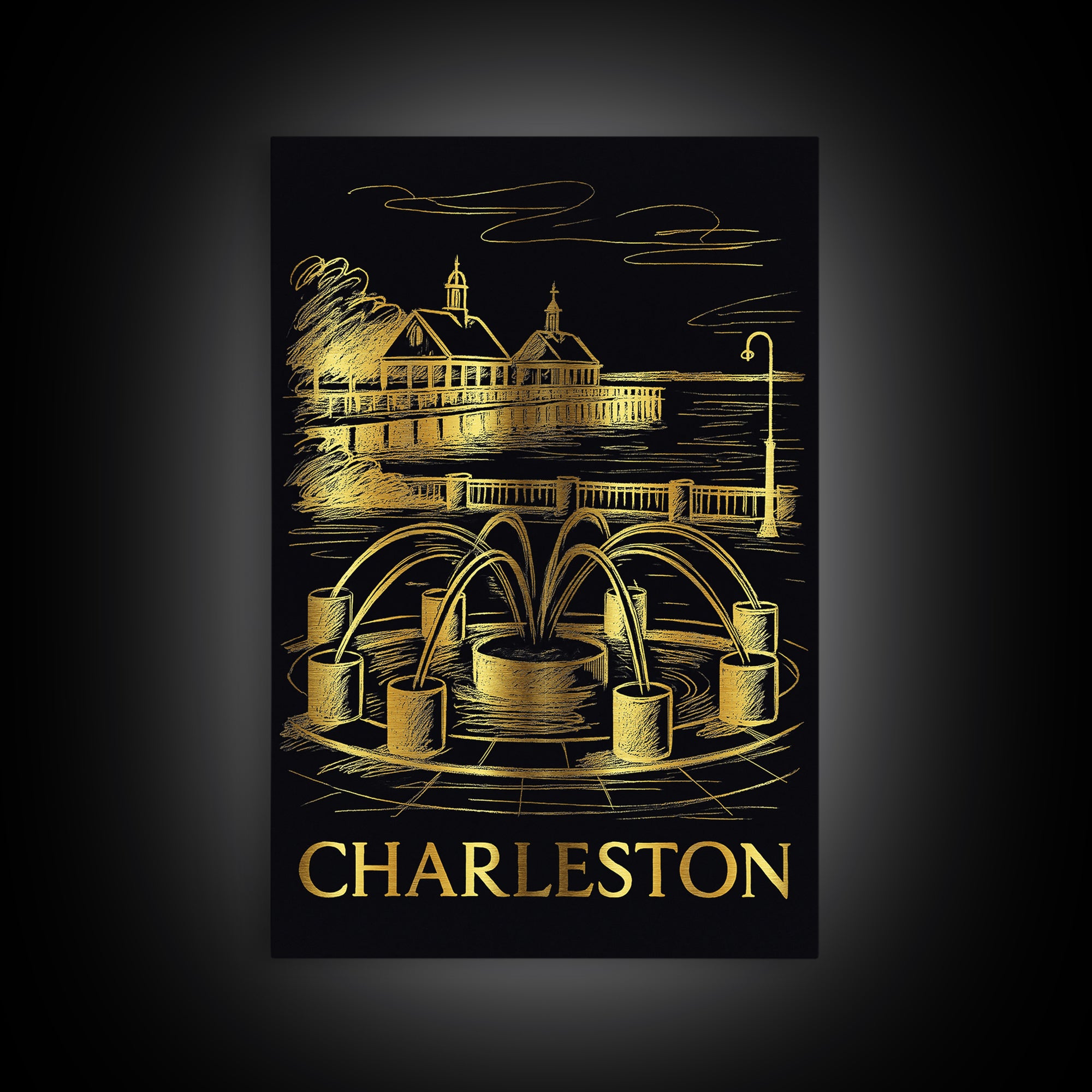 Charleston Travel Poster, Canvas Print, Dark Background Poster Art, Charleston Wall Art, Vintage Travel Art, Living Room Wall Art