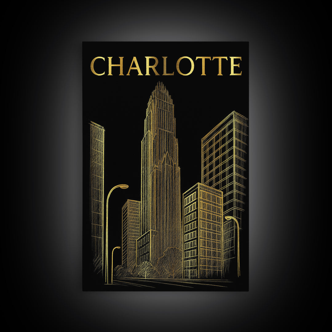 Charlotte North Carolina Travel Poster, Canvas Print, Dark Background Poster Art, Charlotte Travel Art, City Poster, Watercolor City Skyline