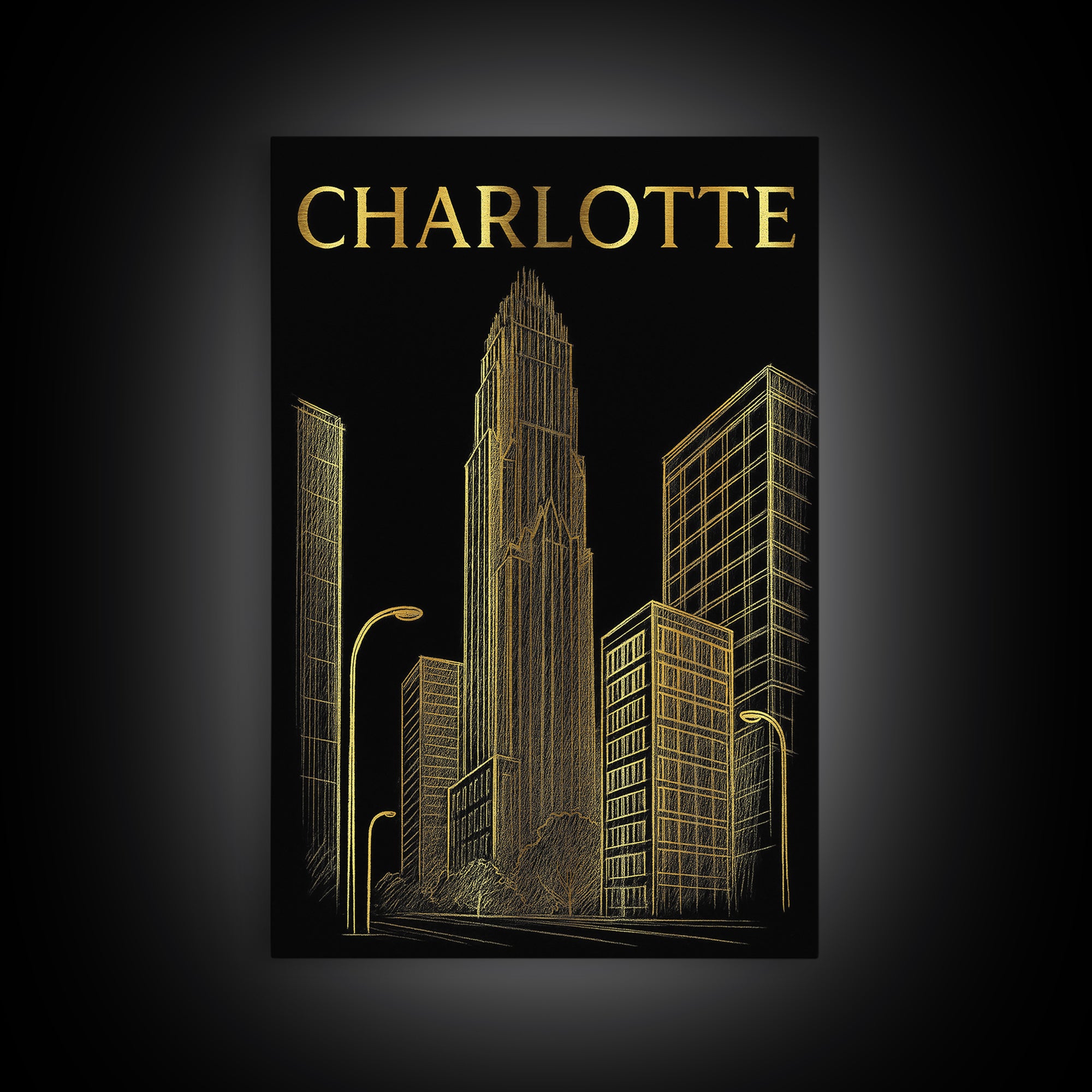 Charlotte North Carolina Travel Poster, Canvas Print, Dark Background Poster Art, Charlotte Travel Art, City Poster, Watercolor City Skyline