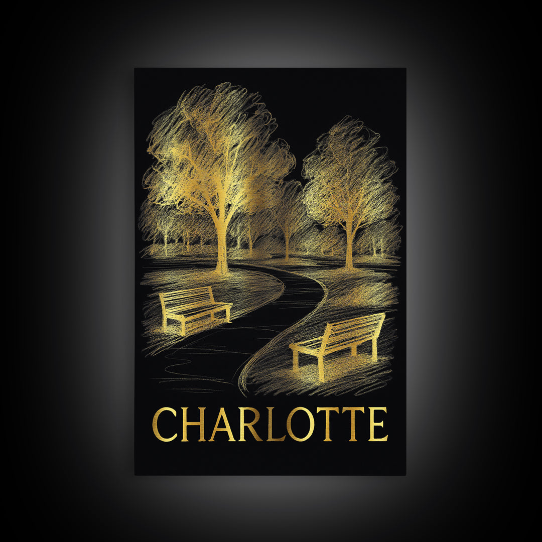 Charlotte Travel Poster, Framed Canvas Print, Dark Background Poster Art, Charlotte Art Print, Watercolor Skyline, Travel Poster Set