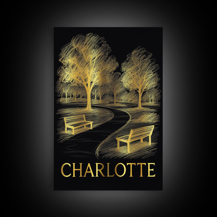 Charlotte Travel Poster, Framed Canvas Print, Dark Background Poster Art, Charlotte Art Print, Watercolor Skyline, Travel Poster Set
