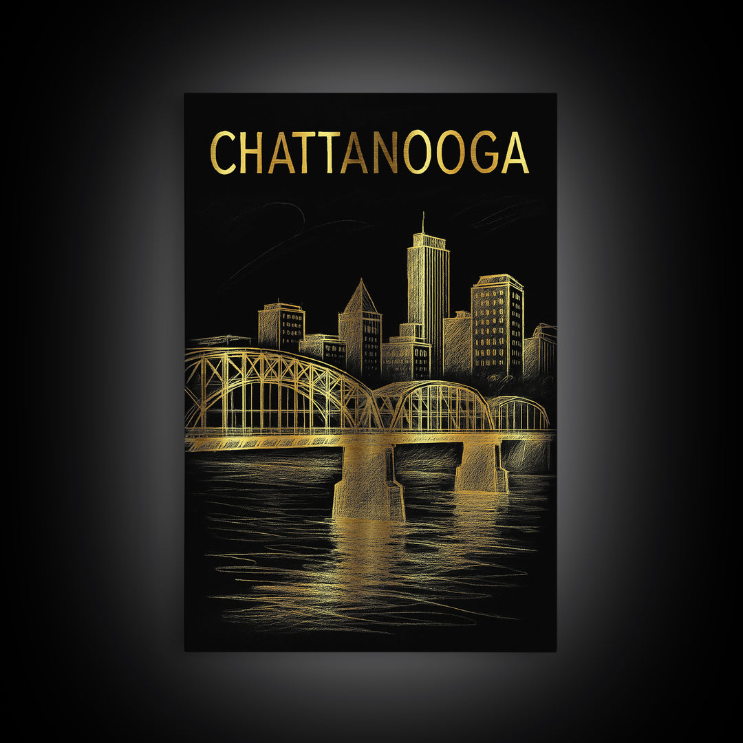 Chattanooga Tennessee Travel Poster, Canvas Print, Black And Gold Line Art, Chattanooga Wall Art, Living Room Wall Art, Travel Wall Decor