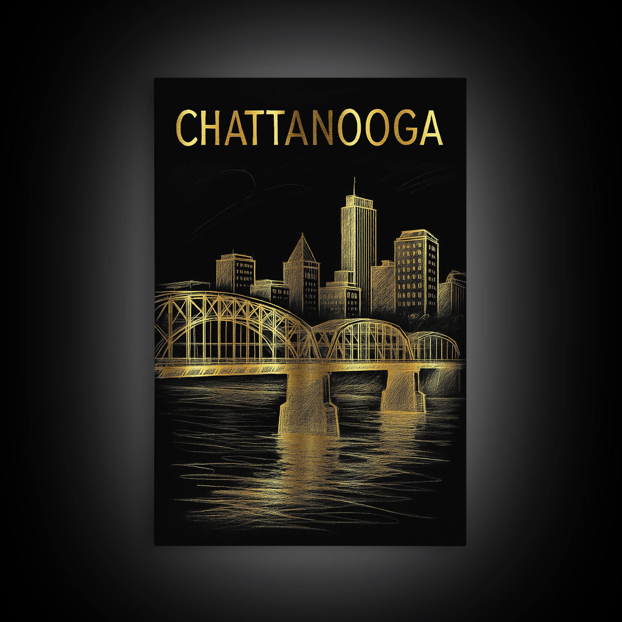 Chattanooga Tennessee Travel Poster, Canvas Print, Black And Gold Line Art, Chattanooga Wall Art, Living Room Wall Art, Travel Wall Decor