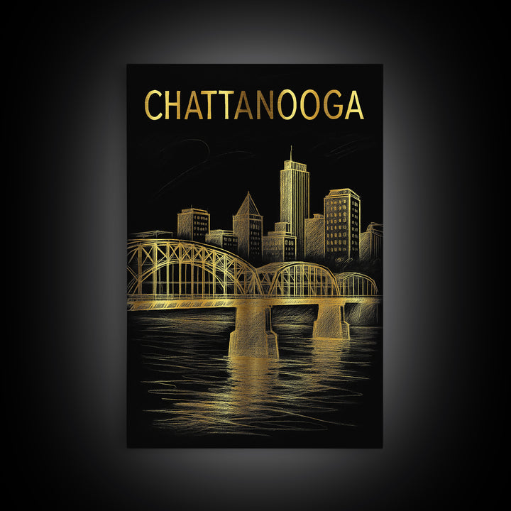 Chattanooga Tennessee Travel Poster, Canvas Print, Black And Gold Line Art, Chattanooga Wall Art, Living Room Wall Art, Travel Wall Decor