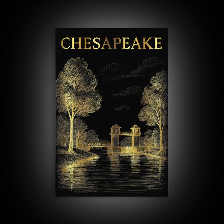 Chesapeake Virginia Travel Poster, Framed Canvas Print, Black And Gold Line Art, Chesapeake Art Print, Travel Poster Set, Vintage Travel Art