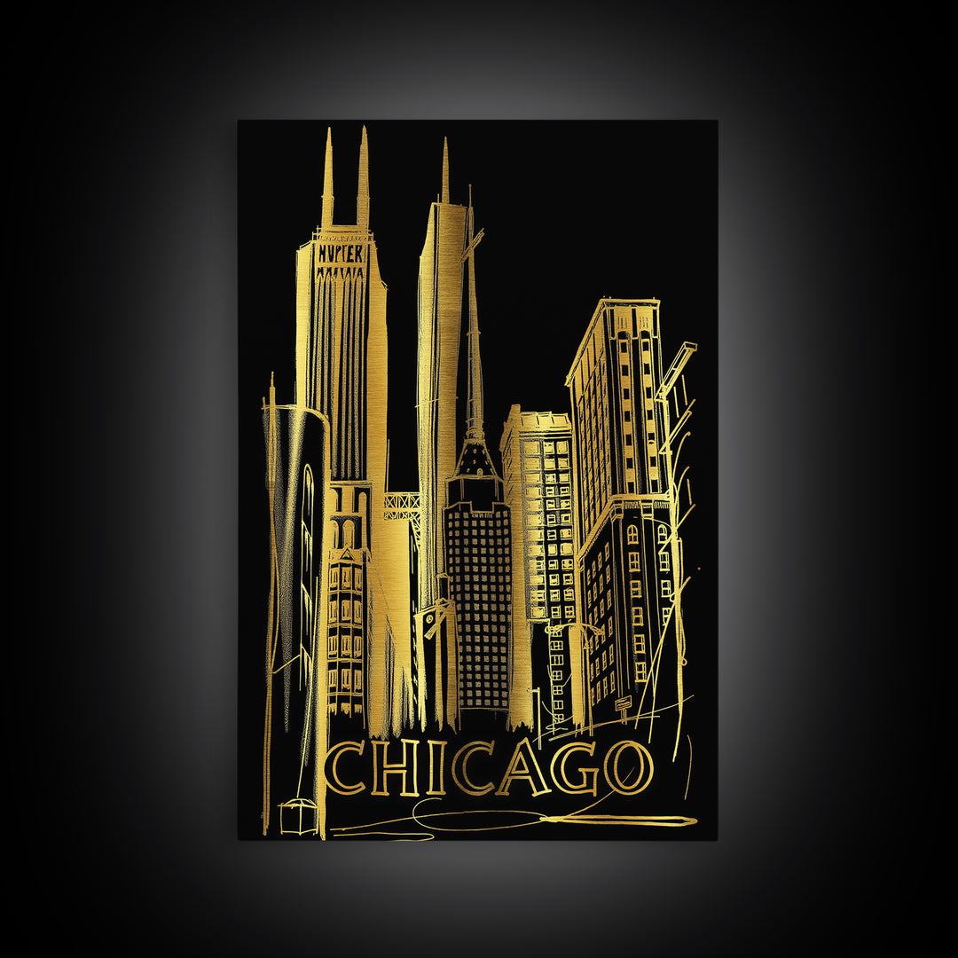 Chicago Illinois Travel Poster, Canvas Print, Black And Gold Line Art, Chicago Travel Art, Mid Century Wall Art, Wall Art, Wall Art