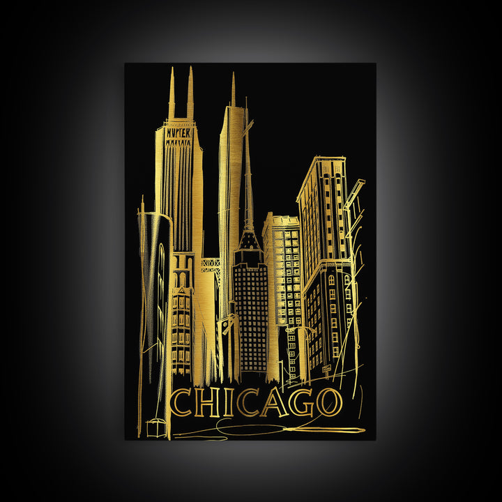 Chicago Illinois Travel Poster, Canvas Print, Black And Gold Line Art, Chicago Travel Art, Mid Century Wall Art, Wall Art, Wall Art