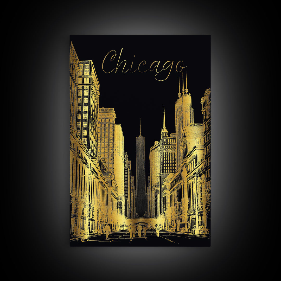 Chicago Travel Poster, Canvas Print, Elegant Gold City Art, Chicago Wall Art, Travel Poster Art, Travel Wall Decor, Travel Art Print