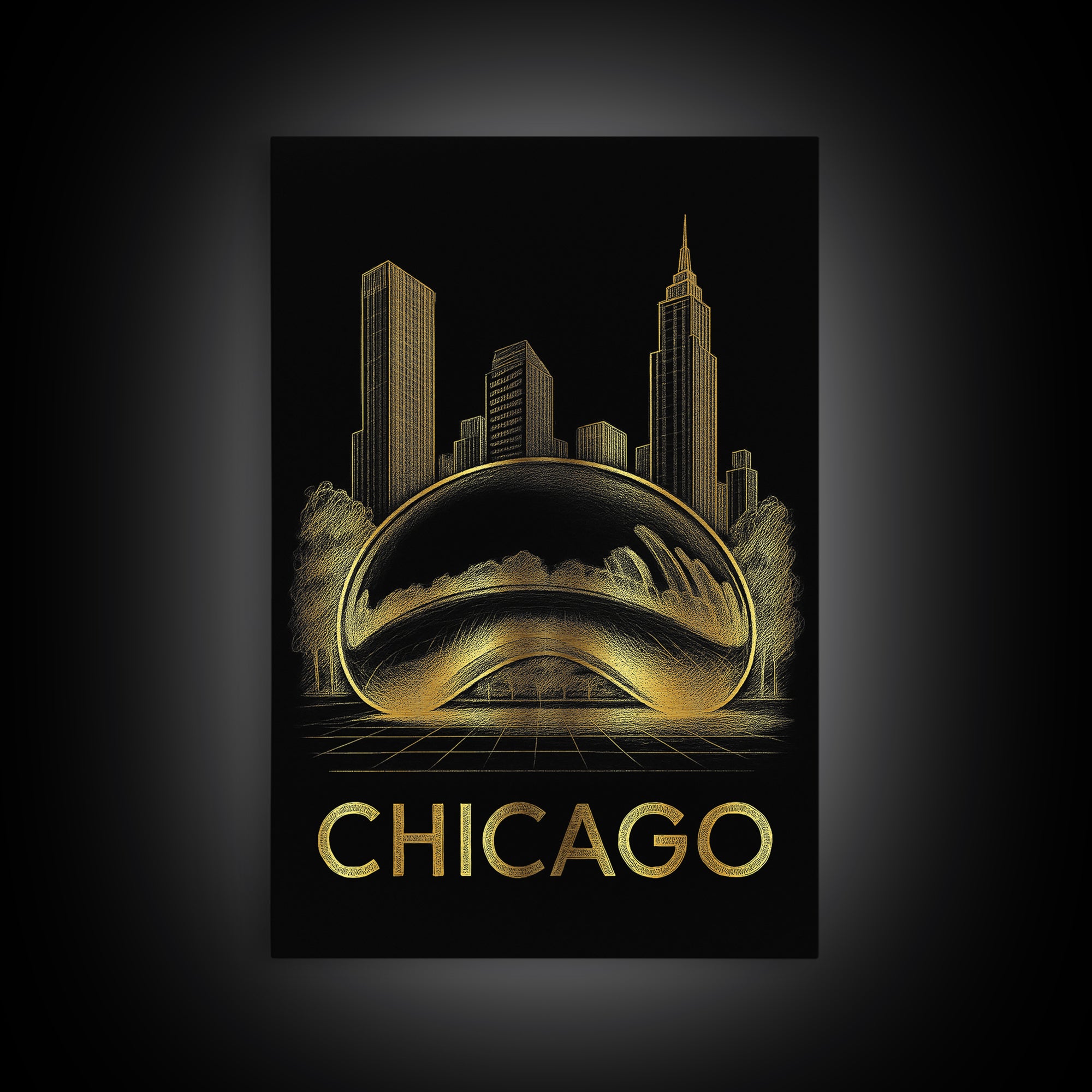 Chicago Travel Poster, Canvas Print, Gold Sketch Wall Art, Chicago Wall Art, Travel Art Print, Vintage City Poster, Gift For Travelers
