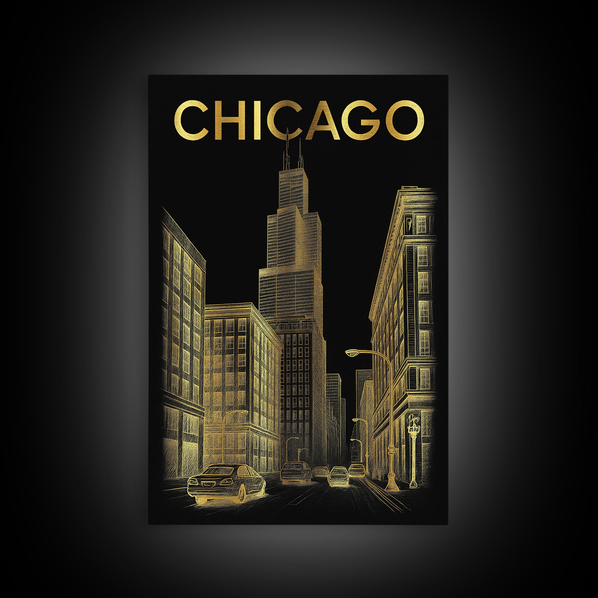 Chicago Travel Poster, Canvas Print, Elegant Gold City Art, Chicago City Art, Fine Art Print, City Travel Prints, Travel Wall Decor