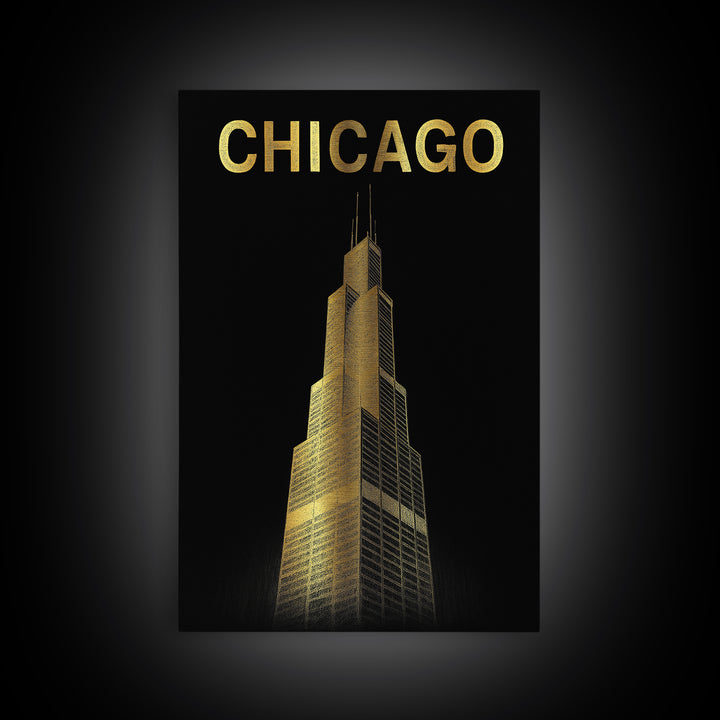Chicago Travel Poster, Framed Canvas Print, Gold Sketch Wall Art, Chicago Travel Art, Mid Century Wall Art, Travel Poster Art, Design 6