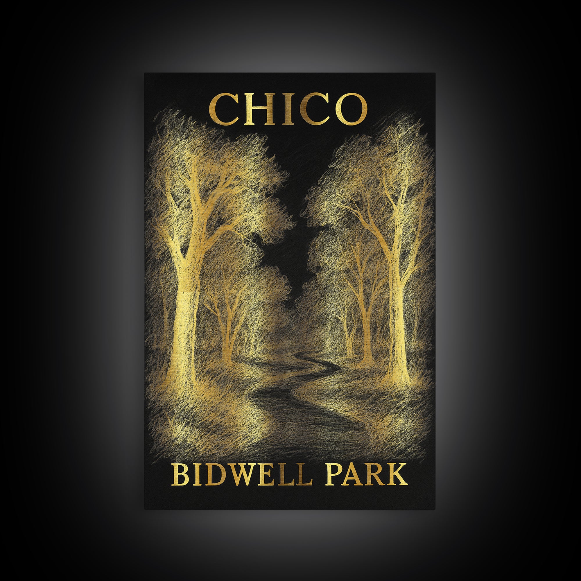 Chico California Travel Poster, Canvas Print, Black And Gold Line Art, Chico Wall Art, Wall Art, Vintage Travel Print, Travel Wall Art